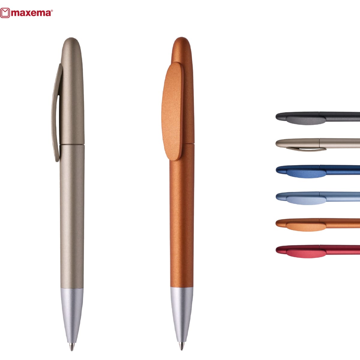 Two plastic pens in grey and orange, alongside a selection of additional pens in various colours. The image includes a logo.