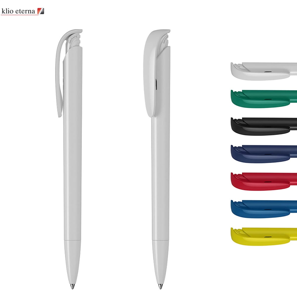A white plastic pen with a clip, accompanied by pens in red, green, blue, black, and yellow, featuring a logo.