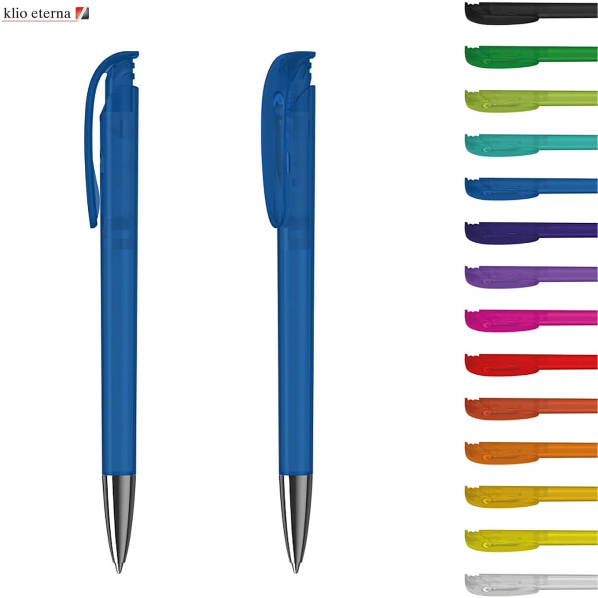 Two transparent blue plastic pens with silver tips, alongside a range of colourful pen options. Features a logo.