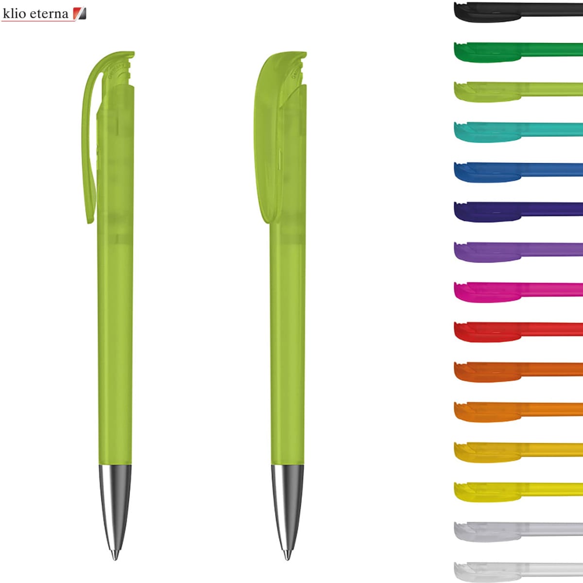 A bright lime green plastic pen with a silver tip and matching cap, alongside a variety of coloured pen options.