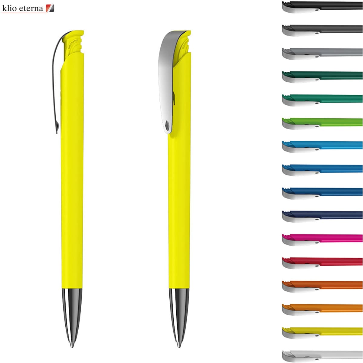 A bright yellow plastic pen with a click mechanism and silver clip, alongside a variety of other coloured pens.