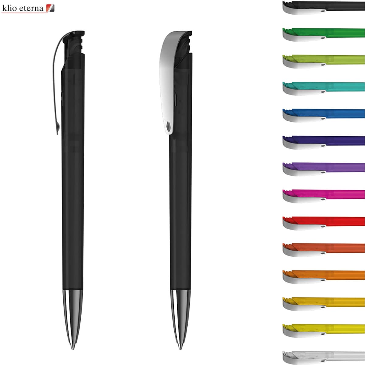 A transparent plastic pen in black with a silver tip. Several coloured pens are arranged beside it, displaying various hues.