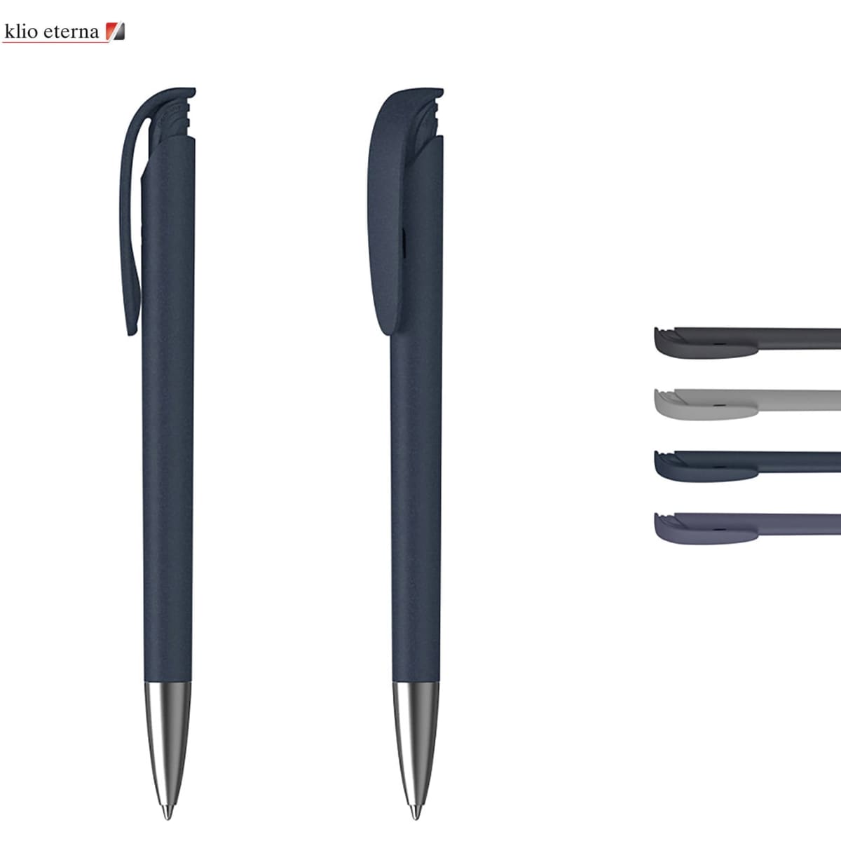 A soft grip plastic pen in dark blue with silver accents, featuring a clip and a logo. Additional pen colours are shown.