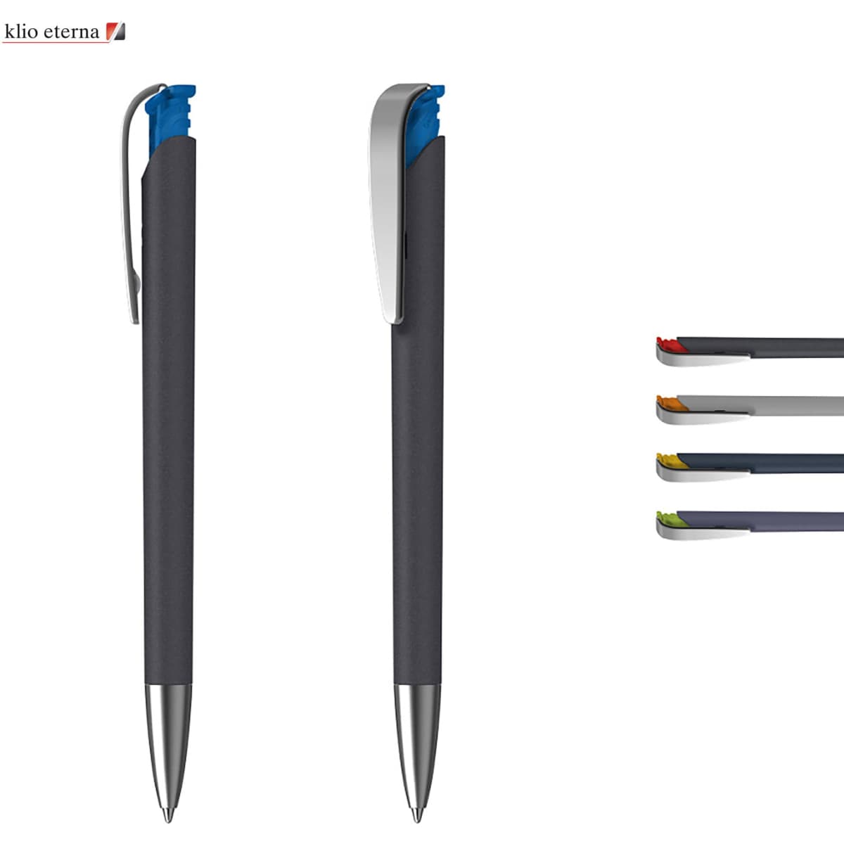 A plastic pen with a soft grip in grey and blue, featuring a silver clip and four additional pen colour options.
