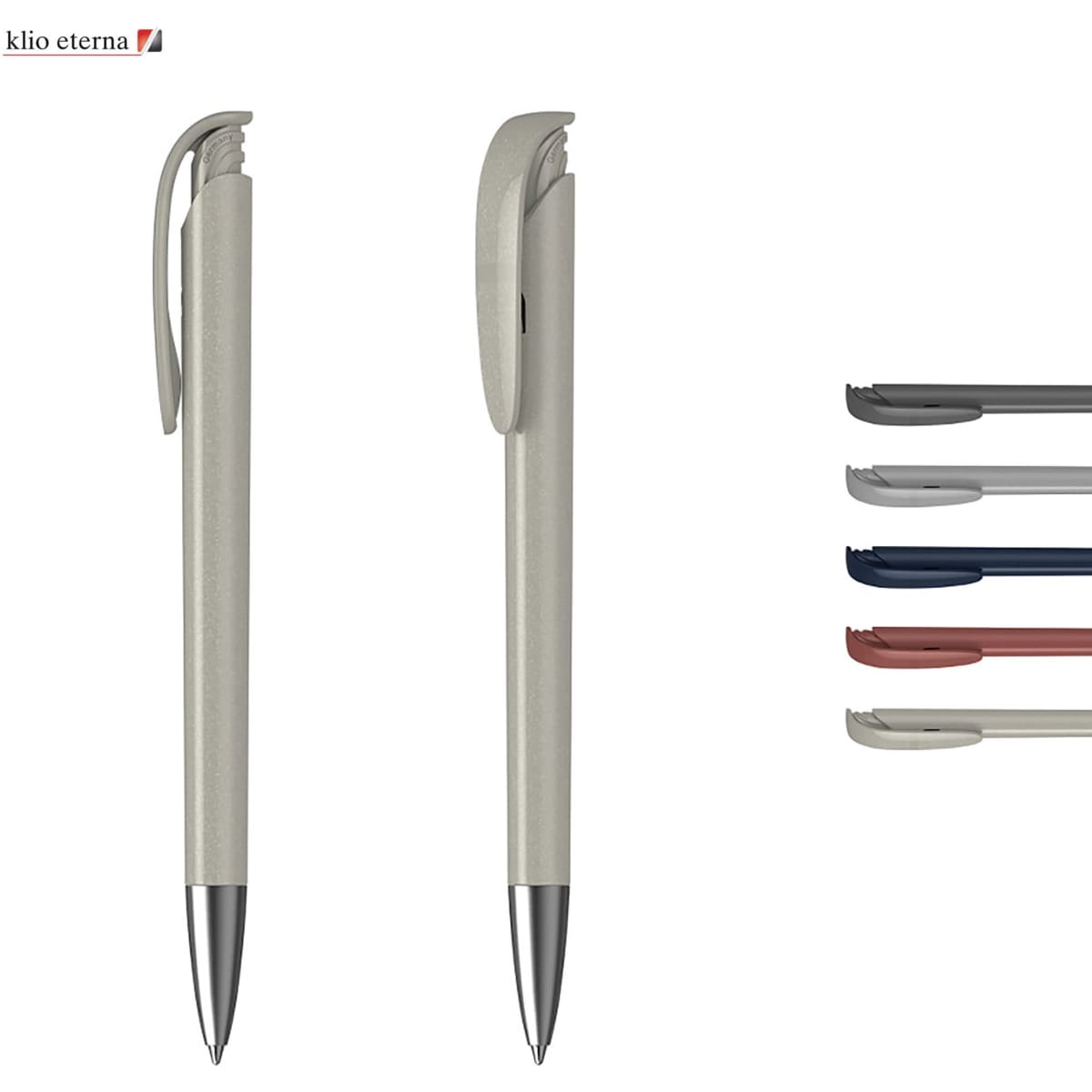 A metallic plastic pen in a muted grey colour, featuring a clip and a shiny silver tip, alongside various coloured caps.