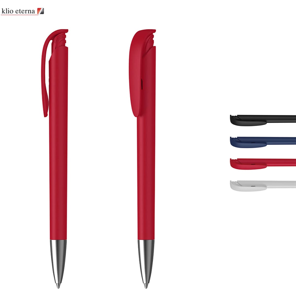 A red plastic pen with a silver tip and a clip, alongside black, blue, and grey variants. It features branding.