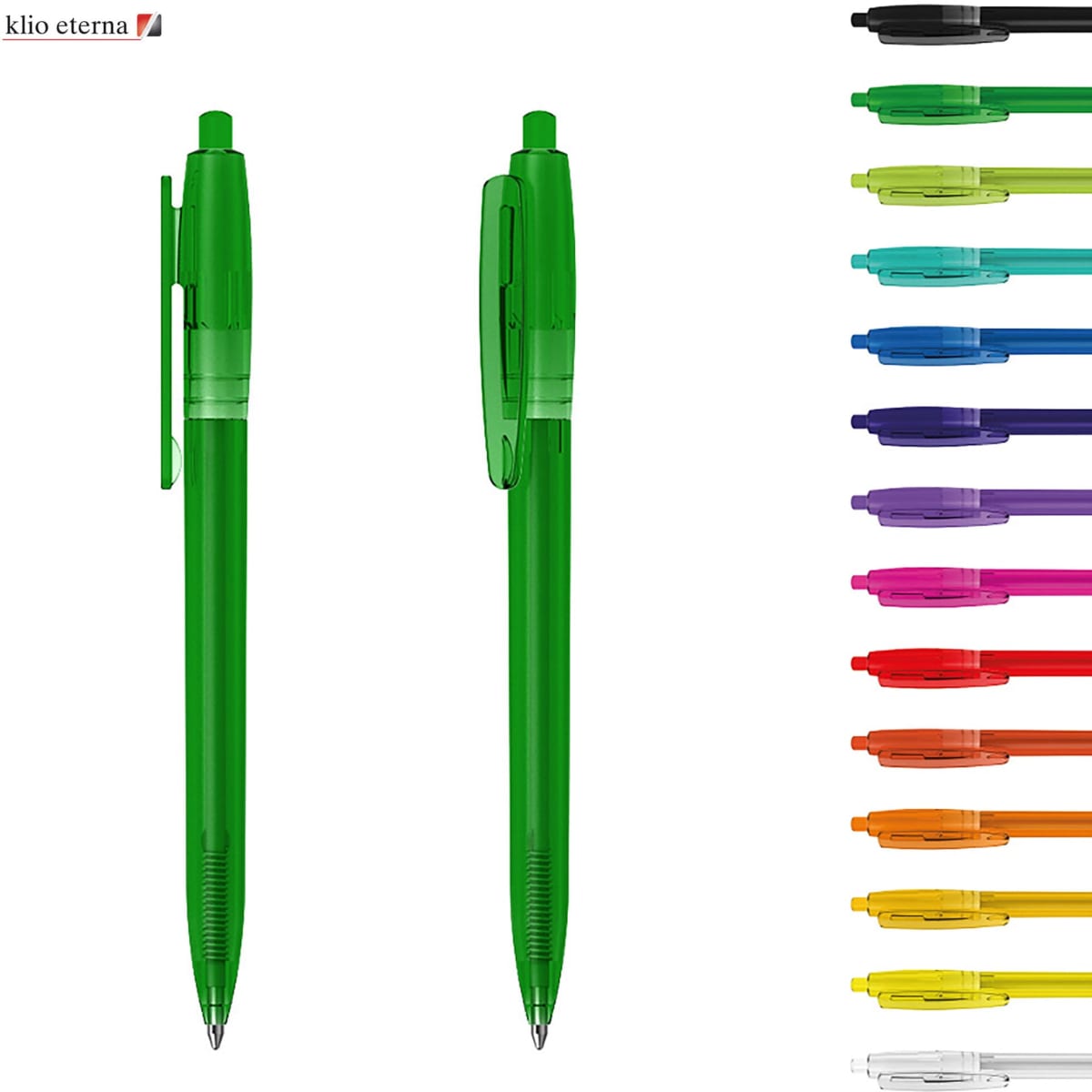 A green plastic pen with a transparent body, alongside a variety of other coloured pens in different shades.