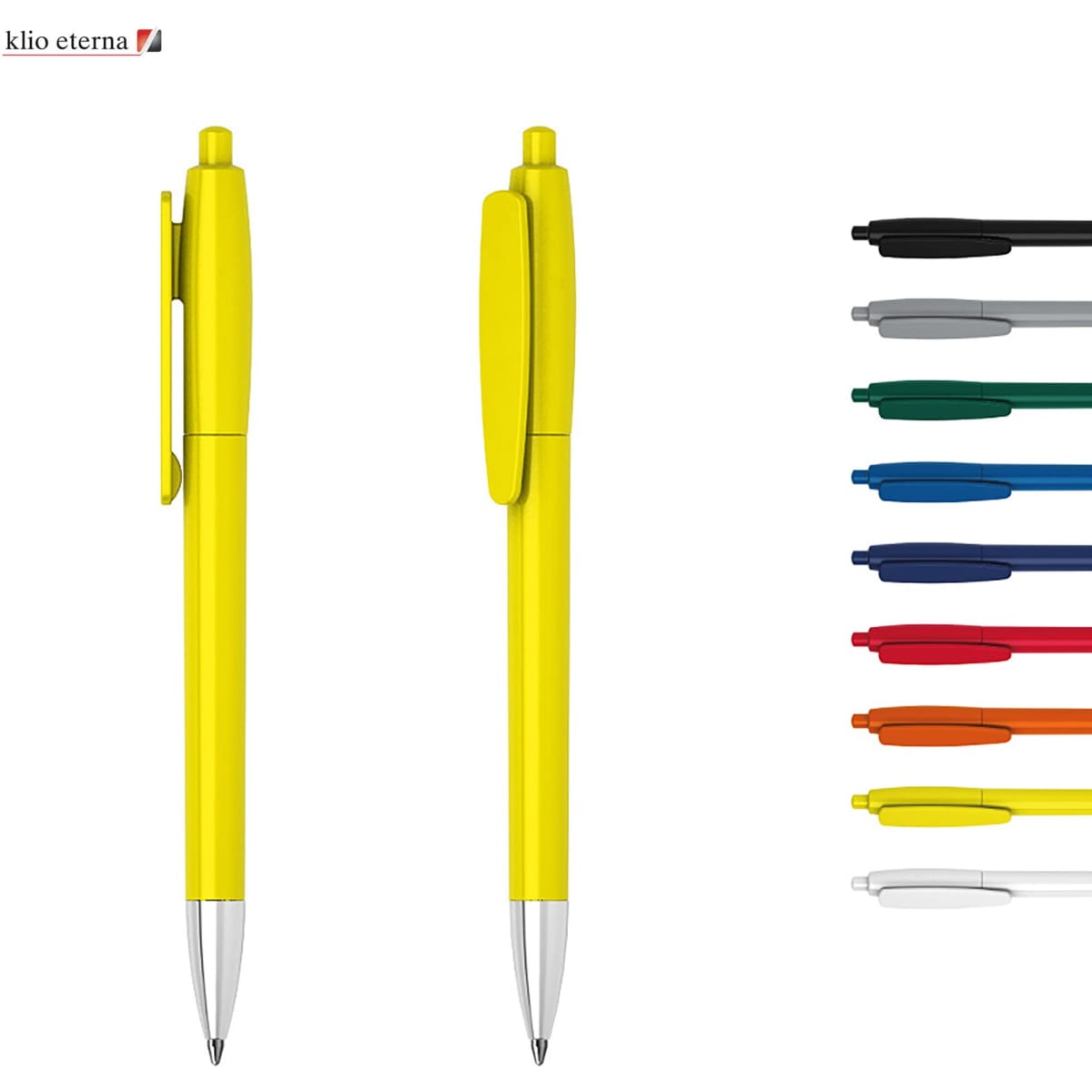 Two yellow plastic pens are displayed, featuring a clip and shiny silver tip, alongside various colour options.
