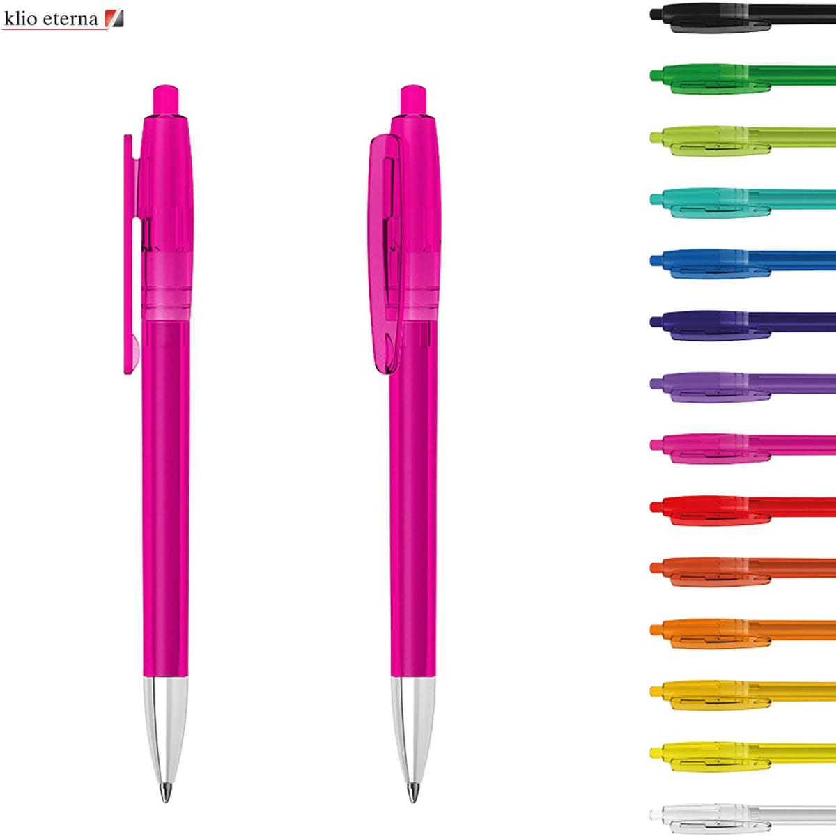 A bright pink plastic pen with a silver tip, alongside a variety of other pen colours in the background.