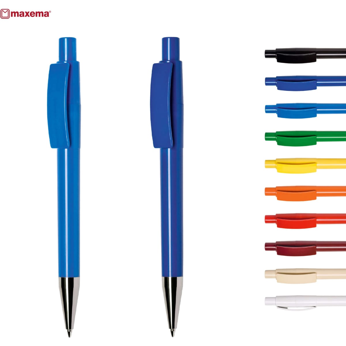 A set of plastic pens in various colours, featuring blue and black pens with clips and a logo on the top left.
