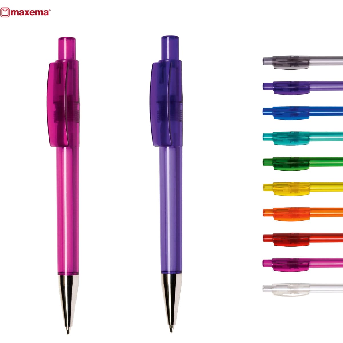 Two transparent plastic pens in pink and purple, alongside a range of brightly coloured pens including blue, green, orange, and more.