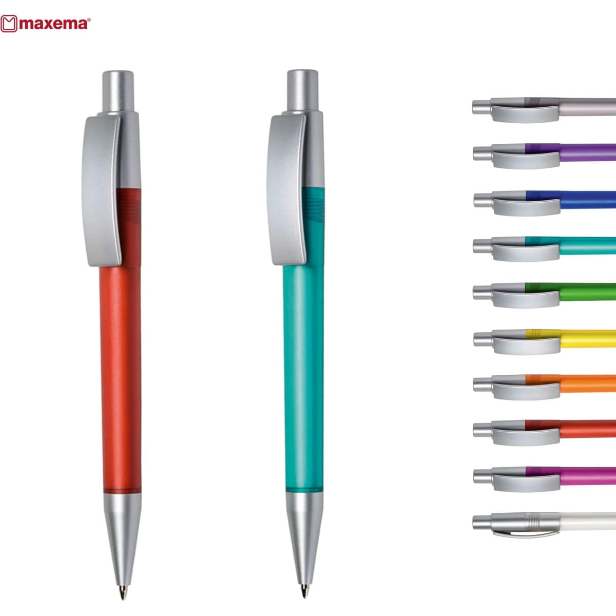 A selection of plastic pens in red, teal, and various other colours, featuring silver accents and a logo.