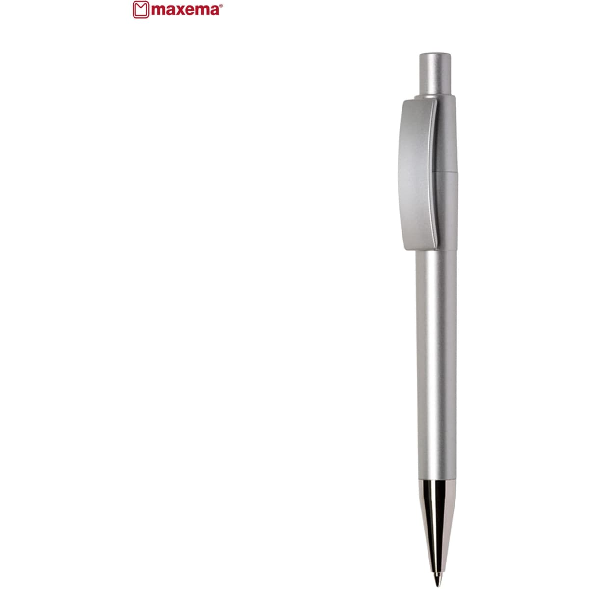 A plastic pen featuring a sleek silver design. The pen has a clip and a shiny tip, with branding visible.