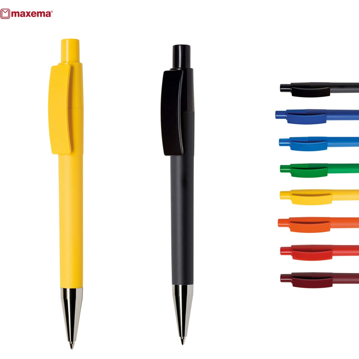 A set of plastic pens in yellow and black, with additional pens in various colours displayed beside them.