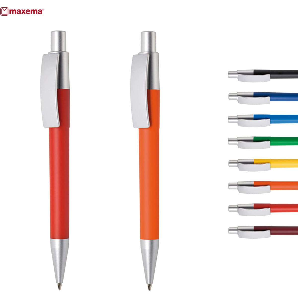 Two plastic pens, one orange and one red, alongside a selection of coloured pen tips. The pens feature a logo.
