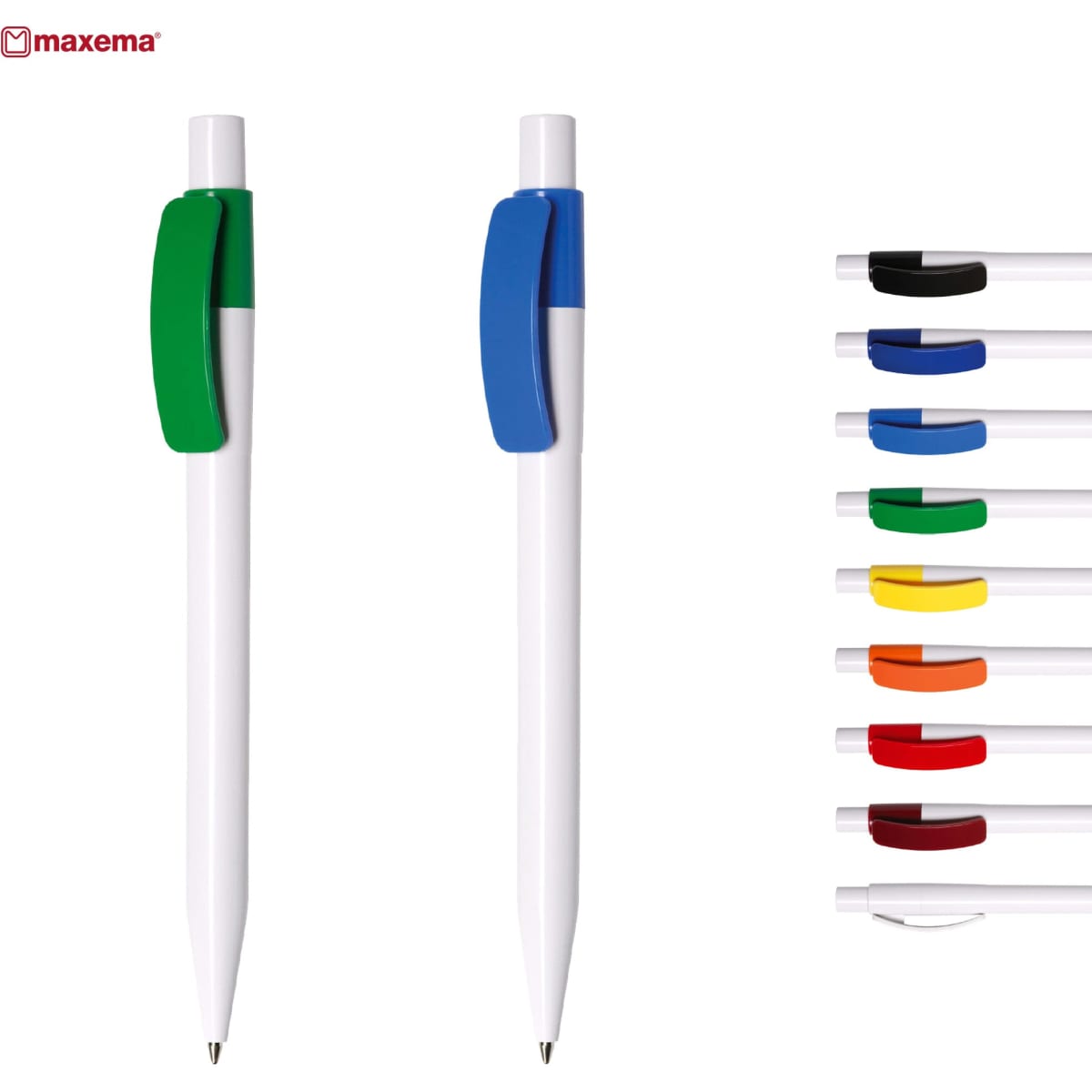 Two plastic pens featuring green and blue clips, alongside a range of pens in different colours. Each pen has a branding logo.