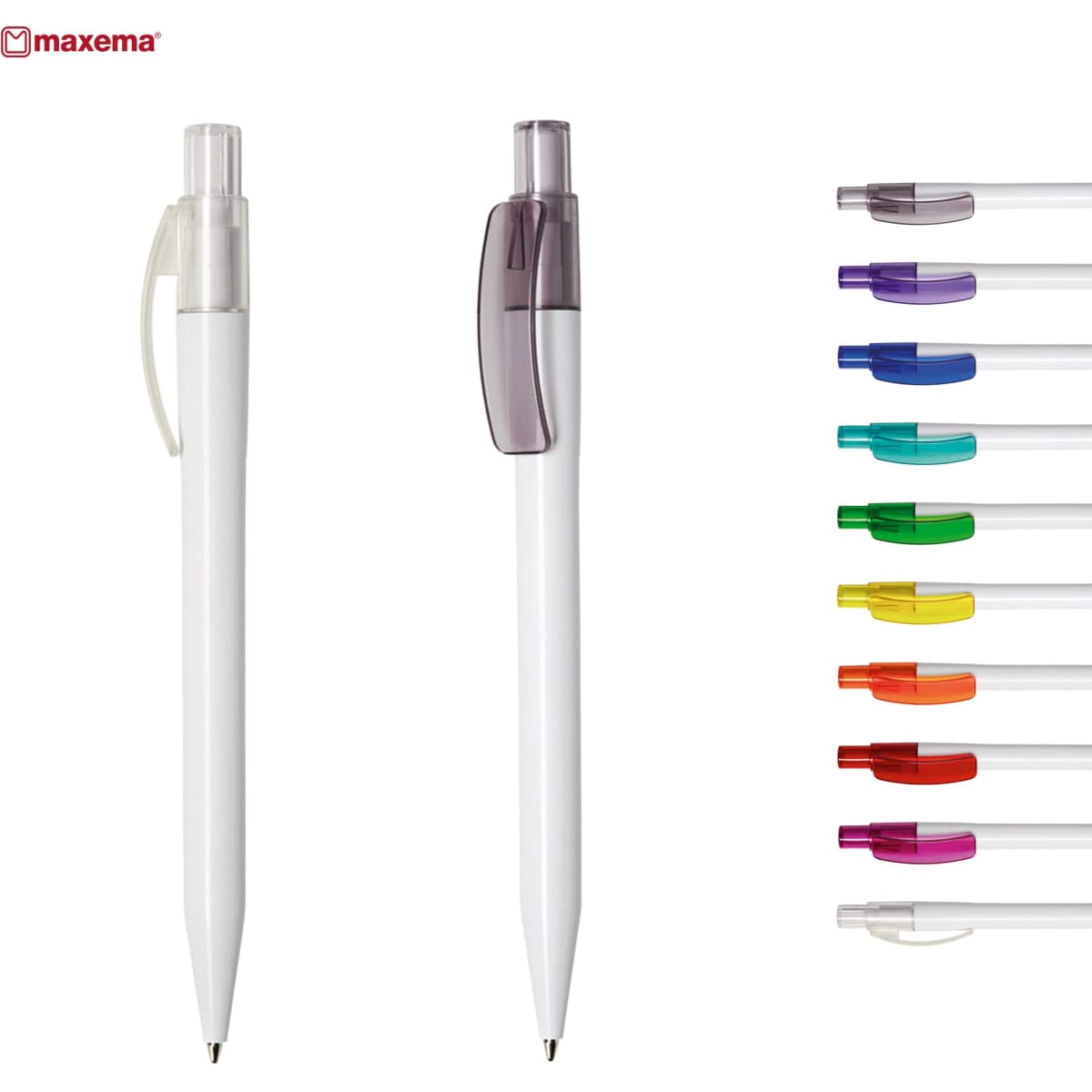 A selection of plastic pens in various colours, featuring a white body with coloured tips and a logo.