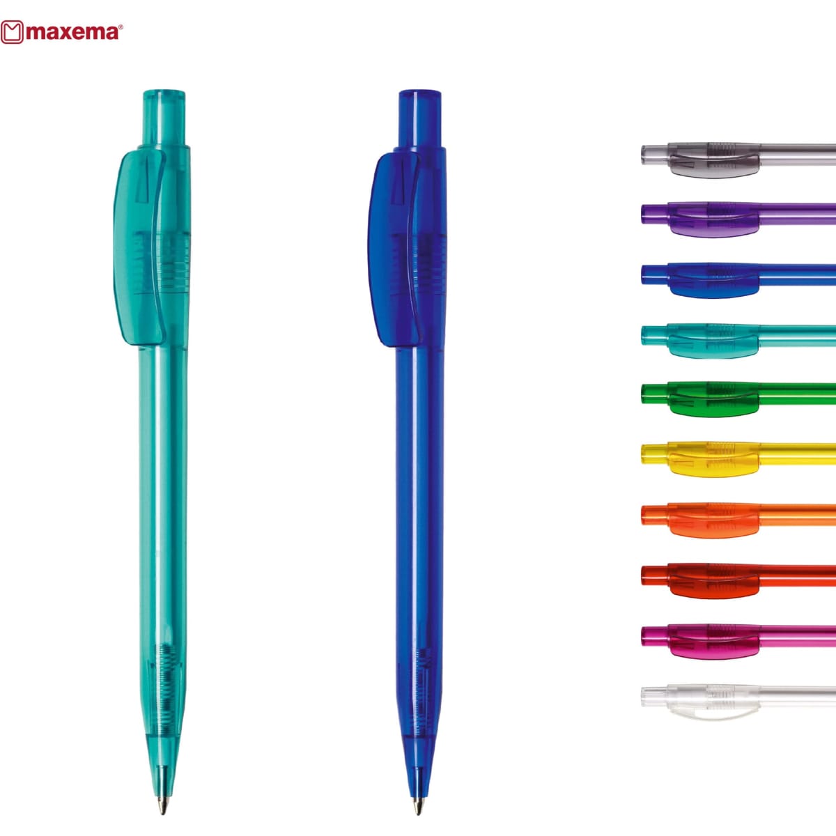 A set of plastic pens in various colours, featuring a transparent body and a visible logo.