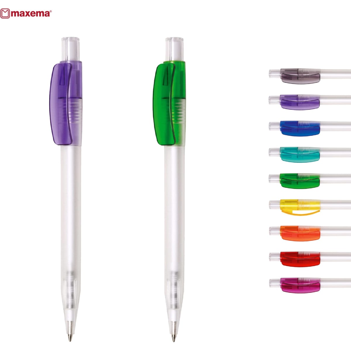 Two pens in purple and green with transparent barrels, alongside a selection of pens in various colours. Each pen has a clip.