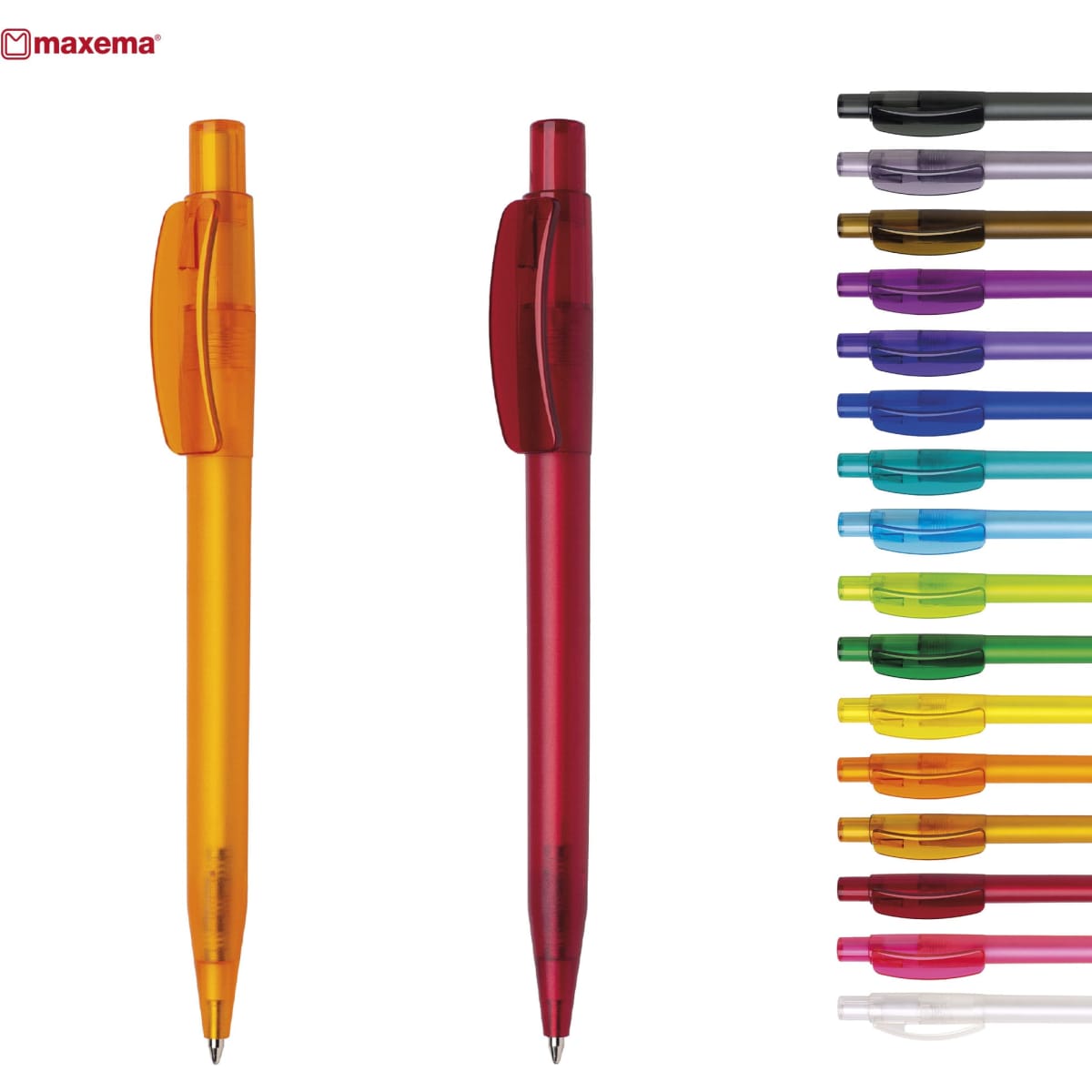 Two plastic pens in orange and red, alongside various other colourful pens, each with a cap and clip. The image includes a logo.