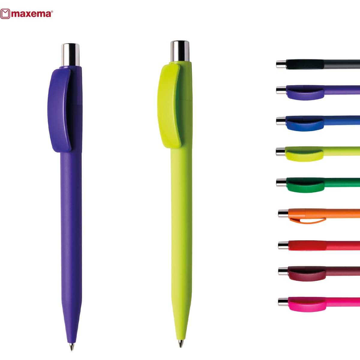 Two plastic pens in purple and green, alongside a variety of colourful pens in shades of blue, pink, orange, and black.