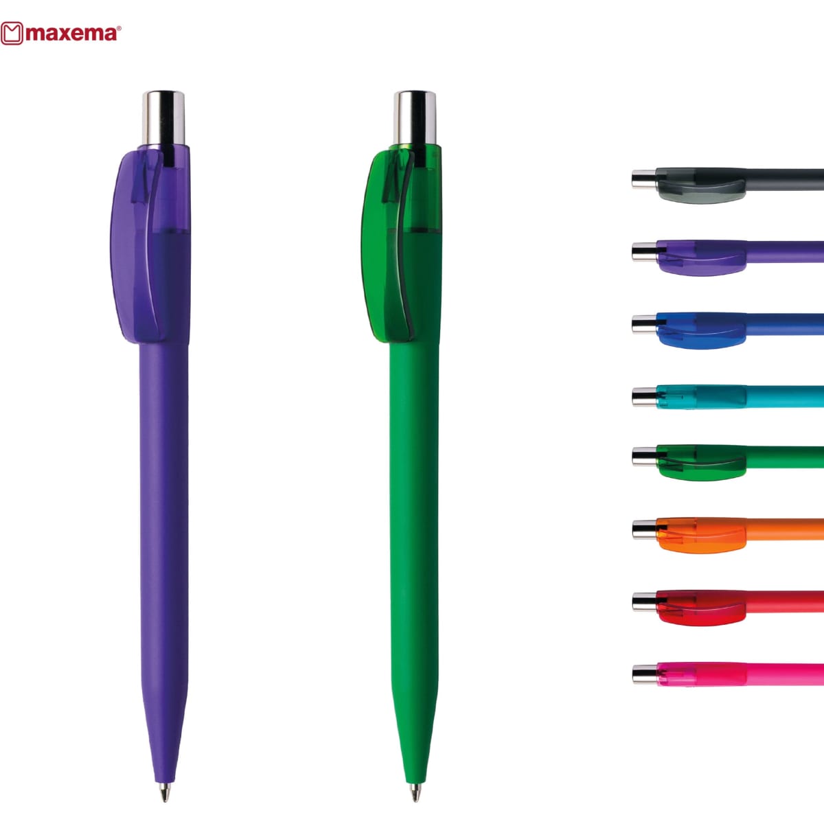 A green and a purple plastic pen are displayed, along with additional pens in various colours on the right.