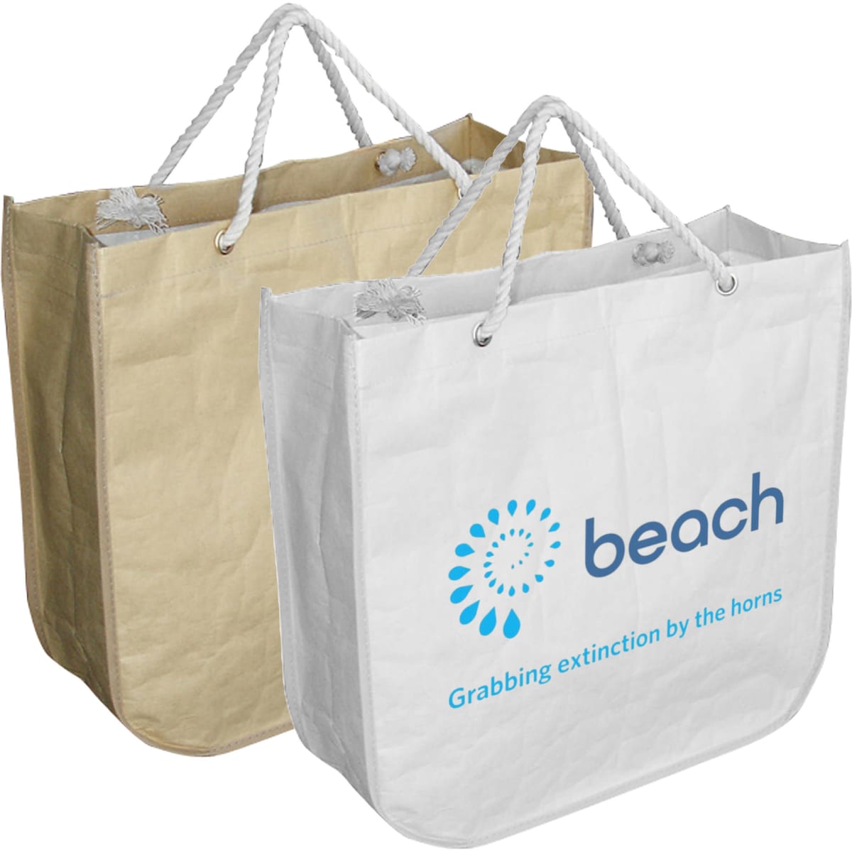 Two rectangular paper bags with rounded corners, one beige and one white, featuring rope handles and branding.