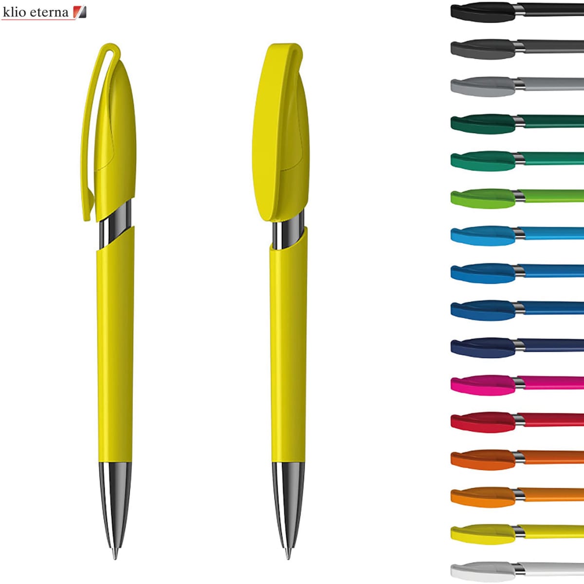 A yellow plastic pen with a silver clip, displayed alongside various colour options. The pen has a logo visible.