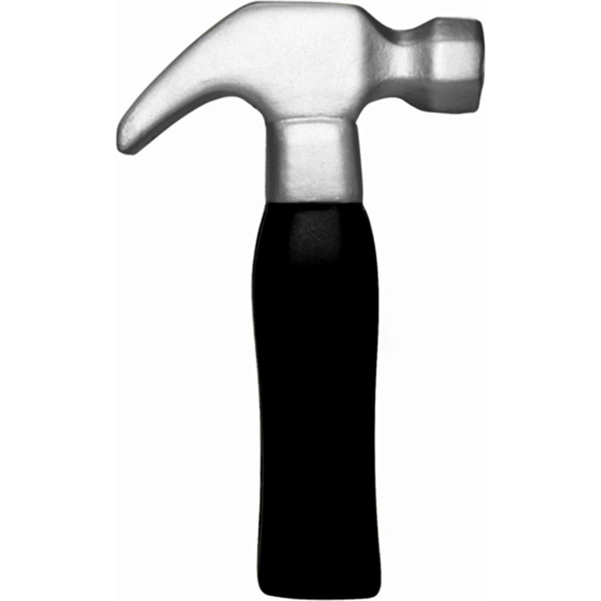 A stress hammer in silver and black, designed as a fun stress-relief tool. It features a simple, sleek design and a logo.