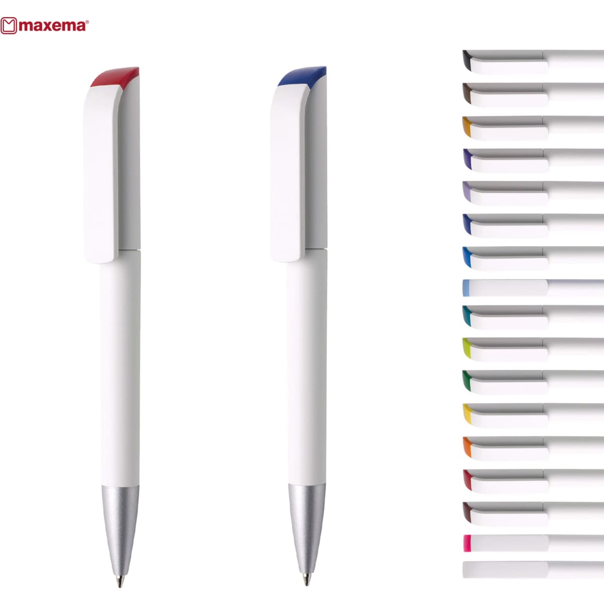 A collection of plastic pens in various colours, featuring a white body with red and blue accents and a silver tip.