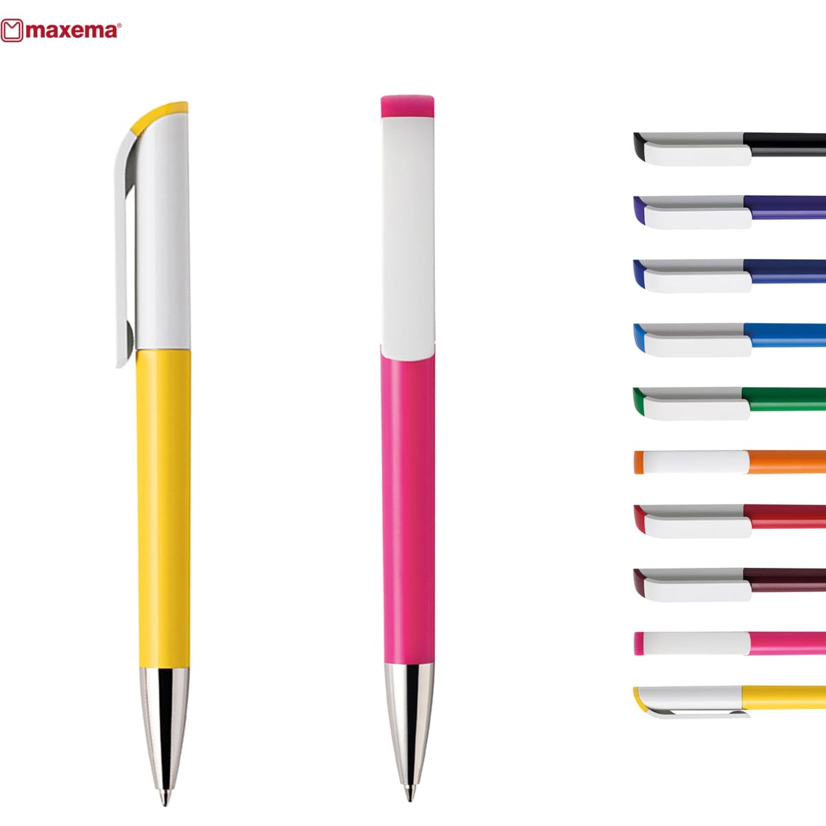 A yellow and a pink plastic pen are displayed, accompanied by a variety of pens in different colours. Each pen has a shiny metal clip.