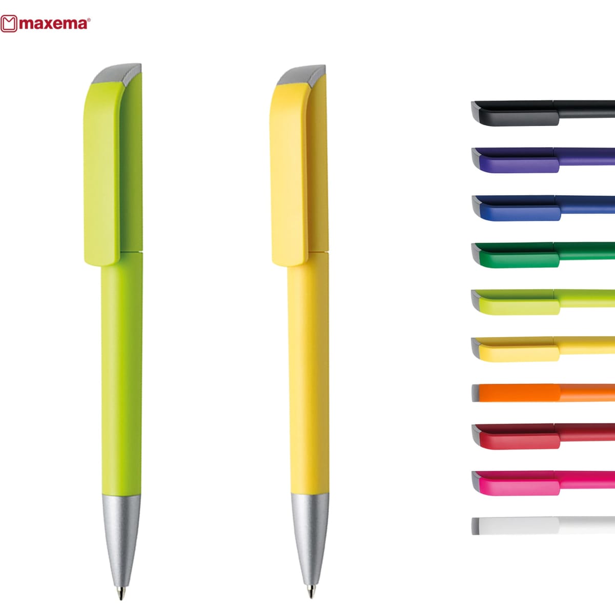 A collection of plastic pens in various vibrant colours, including green, yellow, and black, with a logo present.
