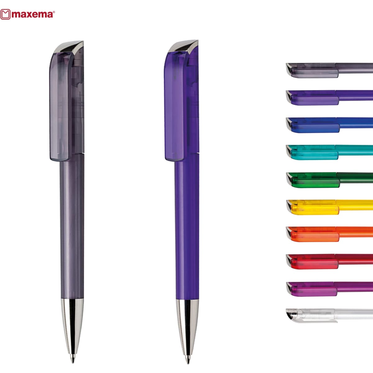 A plastic pen in purple with a silver tip, alongside a variety of pens in multiple colours. The image includes branding.