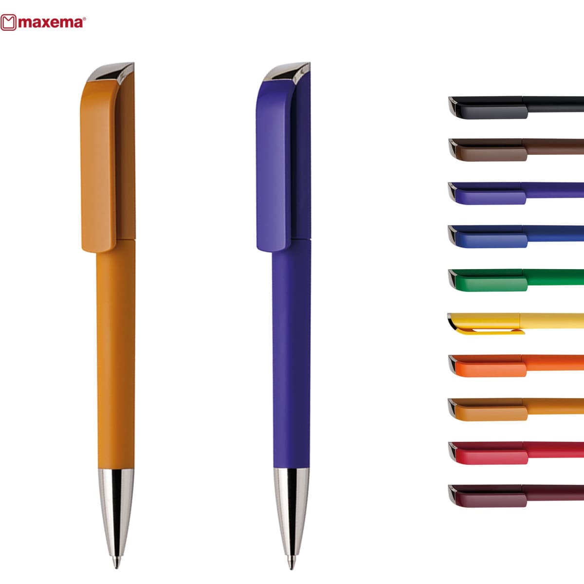 Two plastic pens in orange and purple, featuring a silver clip, alongside a range of pen colours displayed on the right.