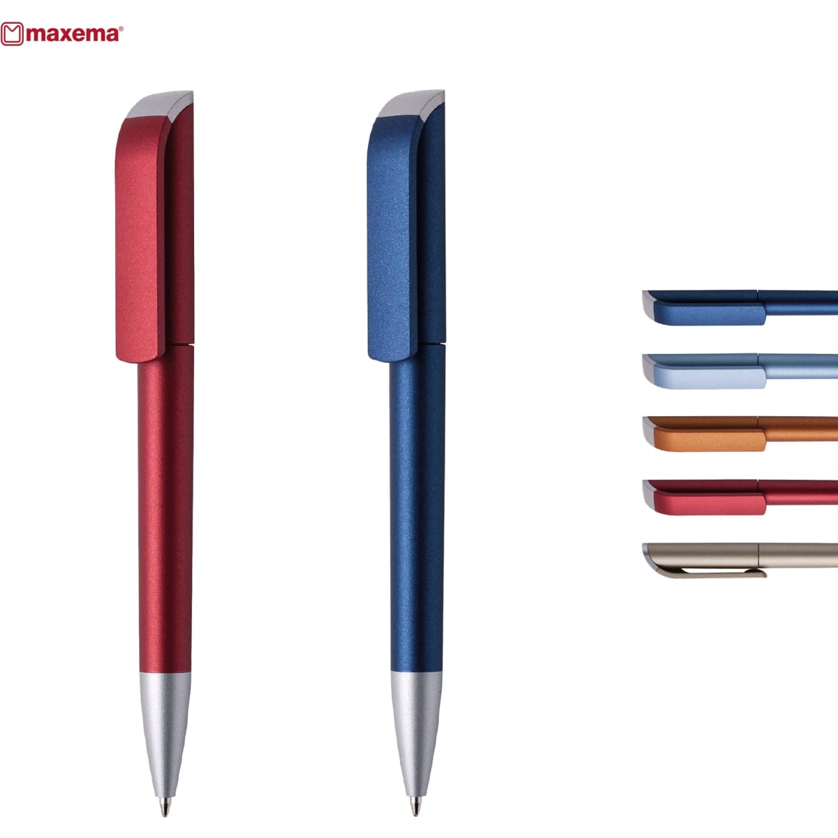 Two metallic pens in red and blue, alongside additional pens in various colours, all with clip designs.