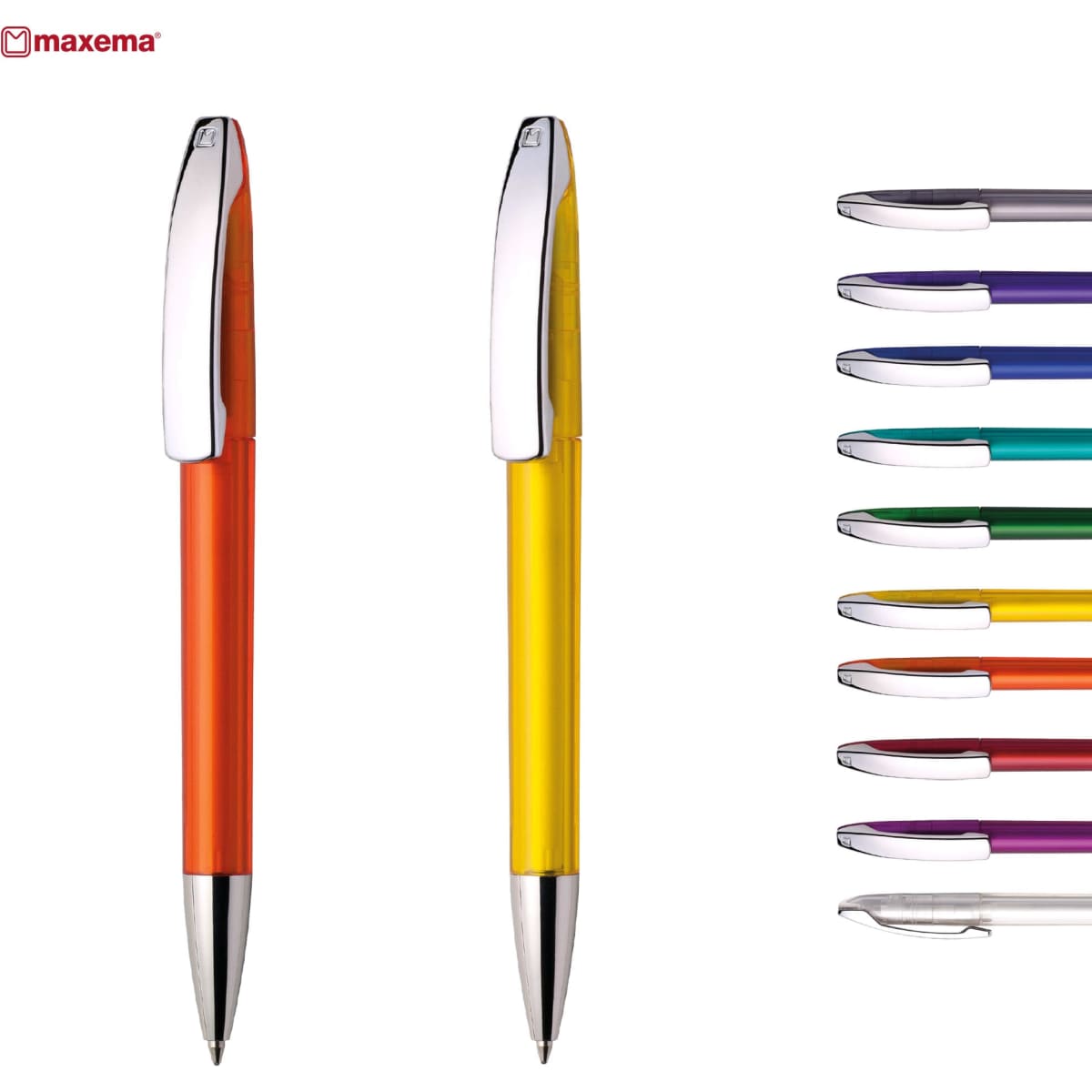 A set of plastic pens in orange, yellow, and various other colours, with shiny chrome clips and tips.