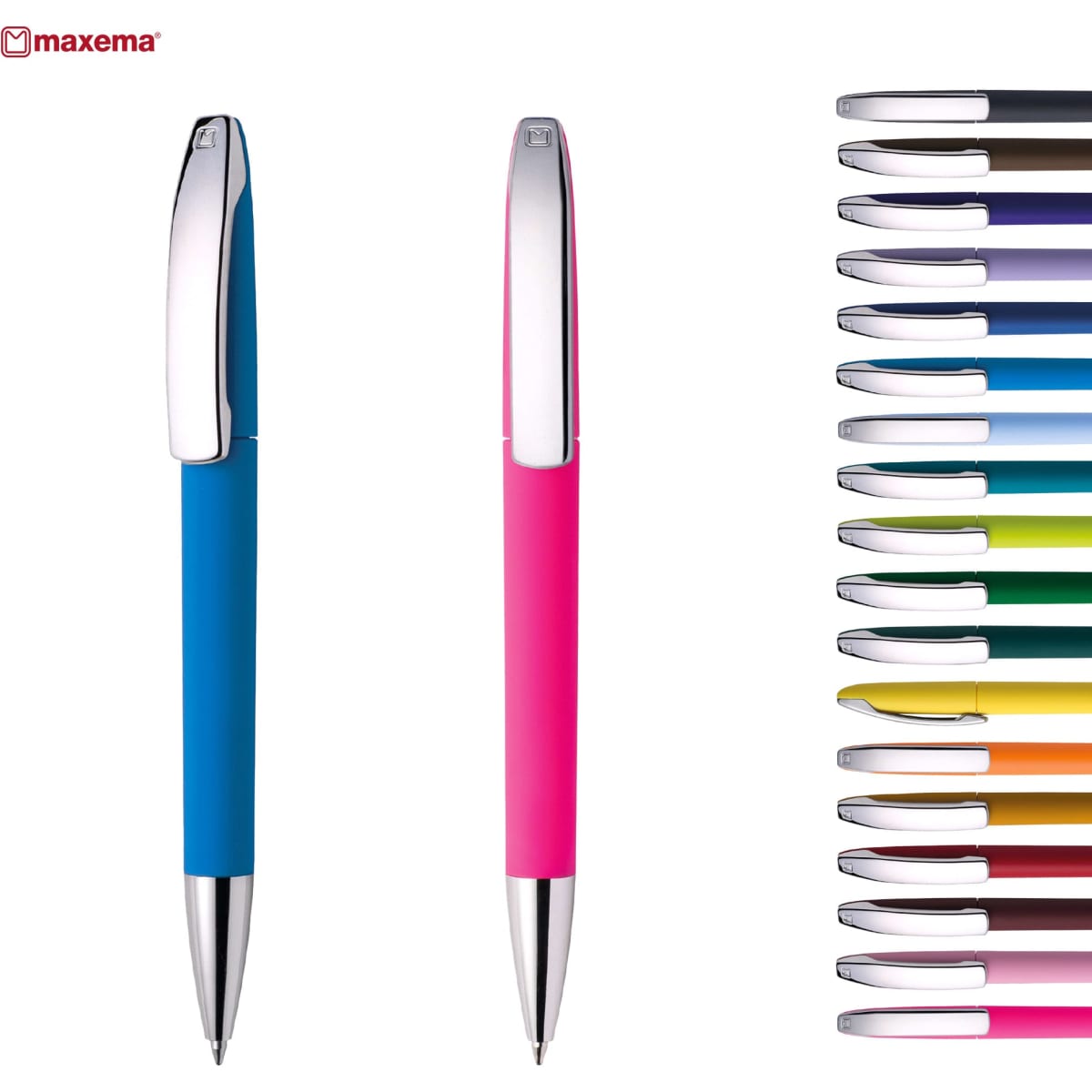 A collection of metal pens in various colours, including blue and pink, featuring a shiny silver clip.
