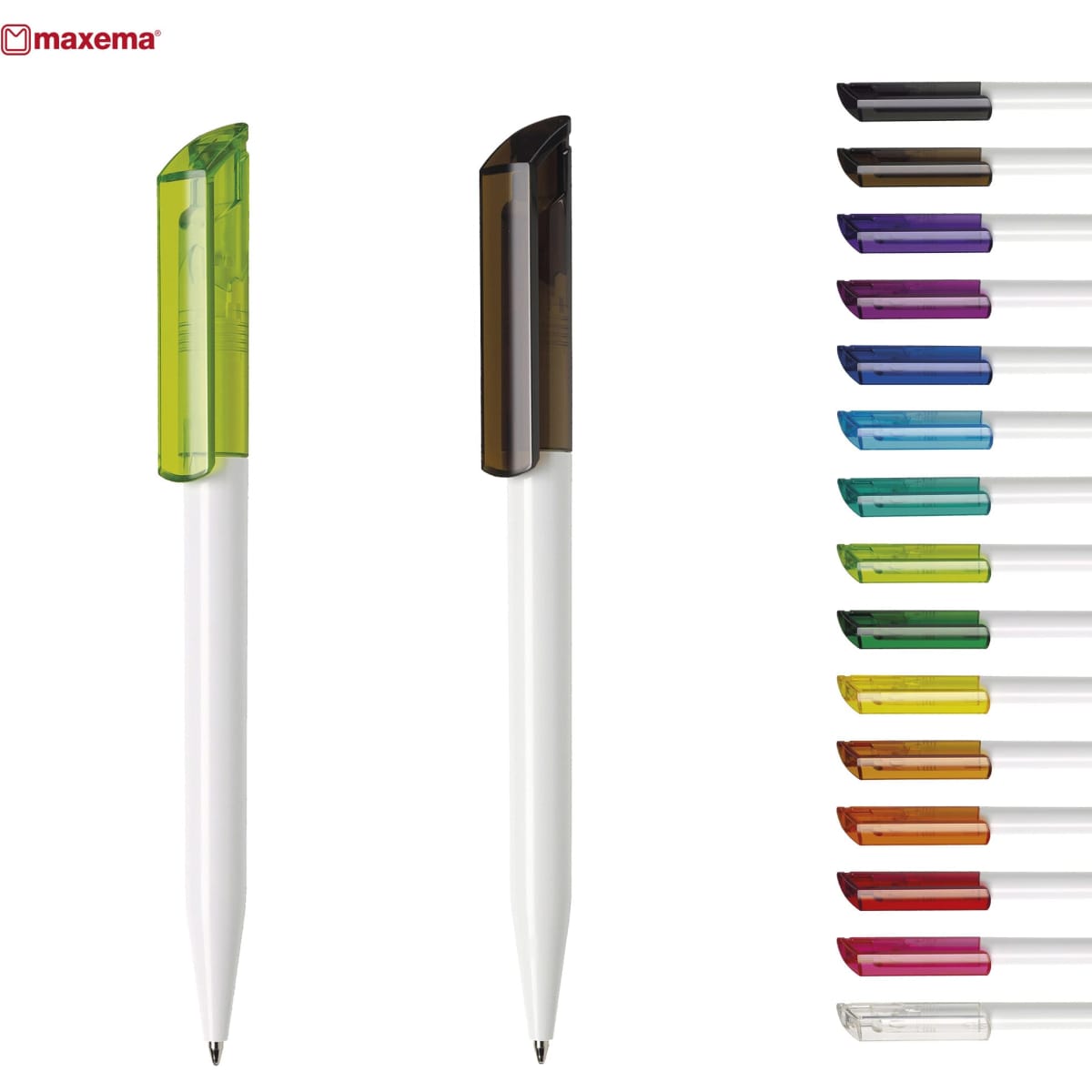 A plastic pen featuring a white barrel and a transparent clip, available in multiple vibrant colours. It has a logo.