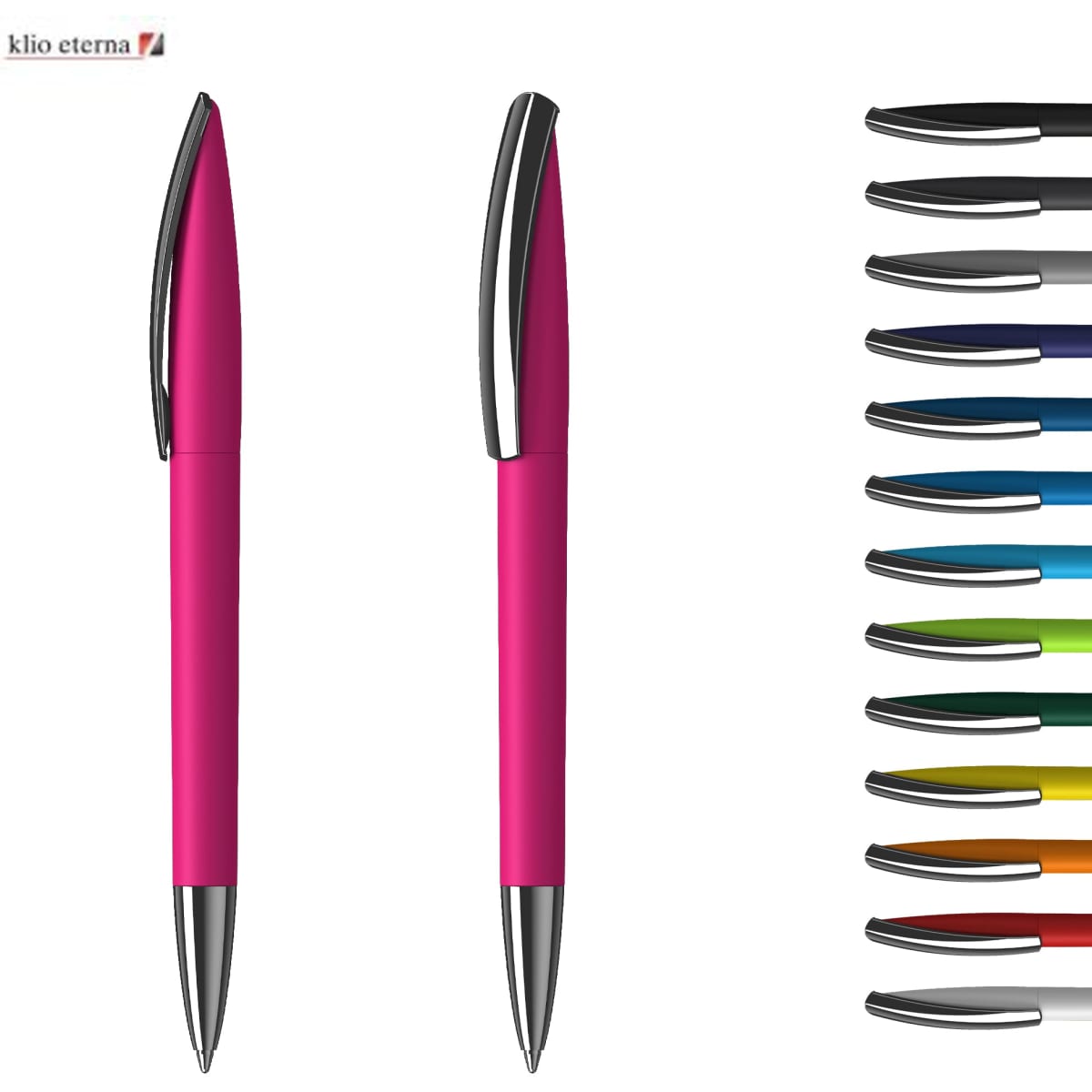 A pink plastic pen with a chrome clip, alongside a selection of various ink colours in a row.