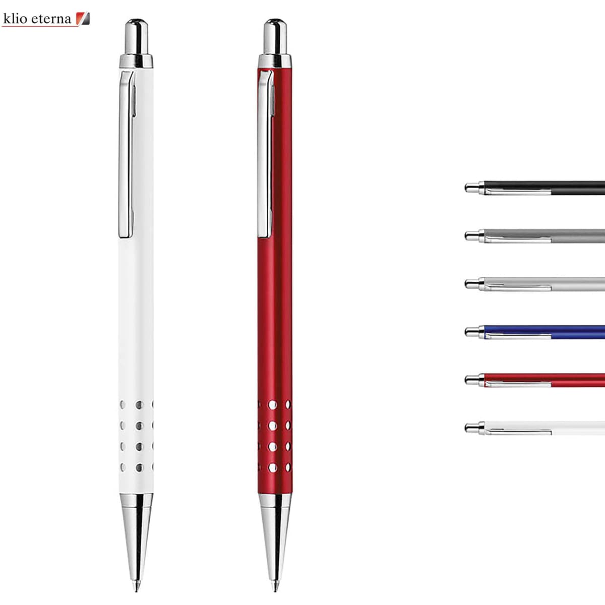 Two metal pens in white and red, with chrome accents and a logo, alongside additional colours of pen tips.