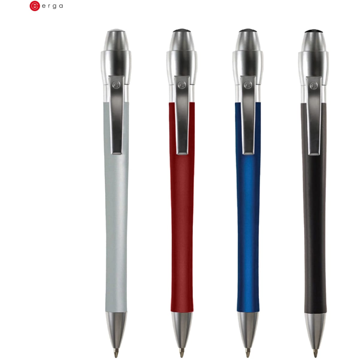 A set of four metal pens in silver, red, blue, and black, featuring a sleek design and a branding logo.