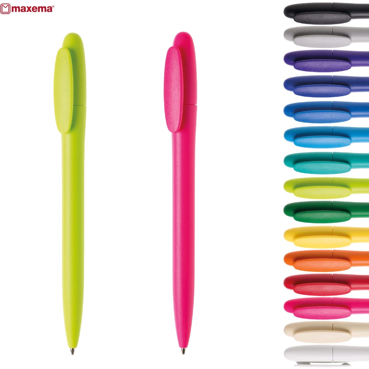 A green and pink plastic pen alongside a range of colourful pens, featuring a logo.