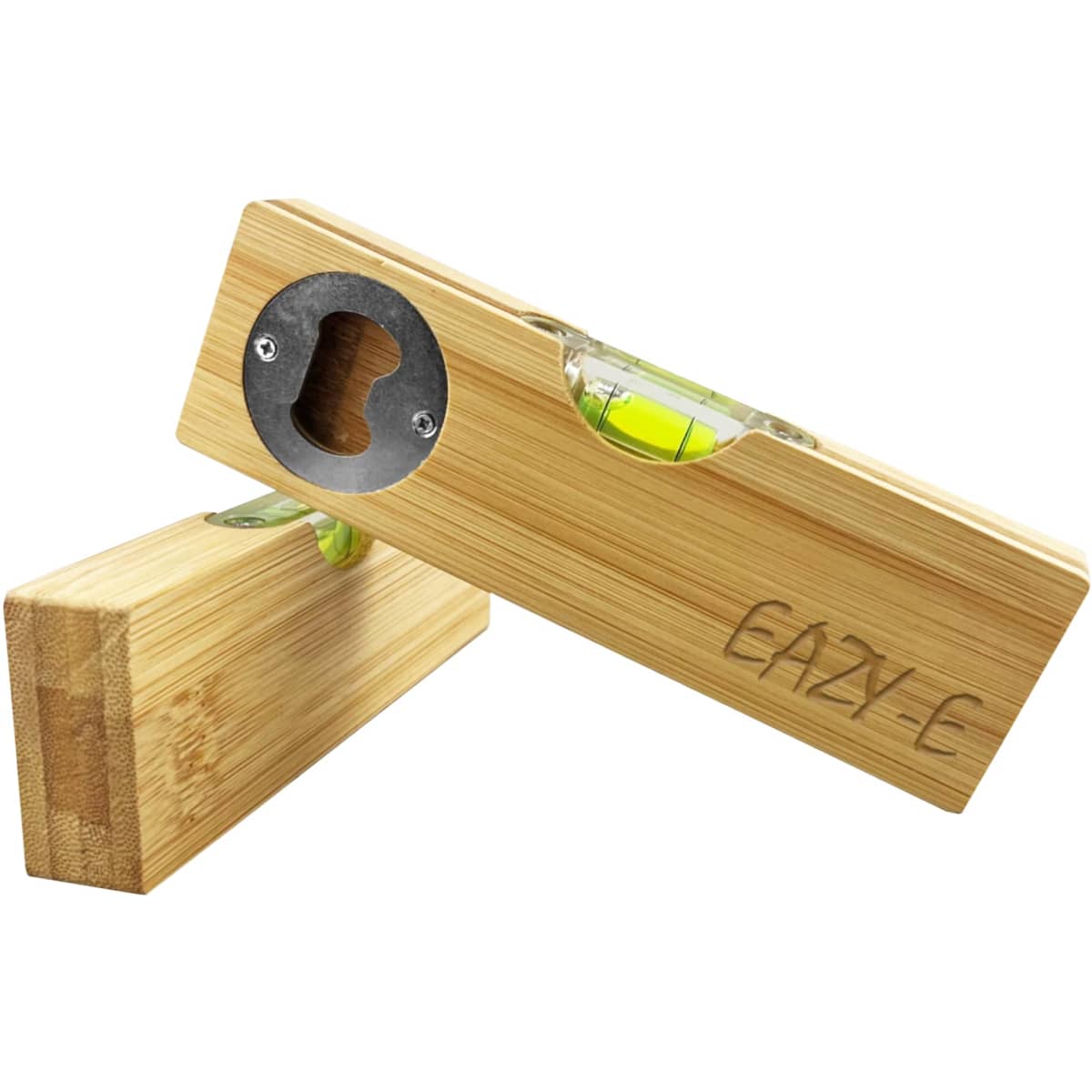 A drink bottle opener and leveller made of bamboo, featuring a metal opening and a built-in spirit level.
