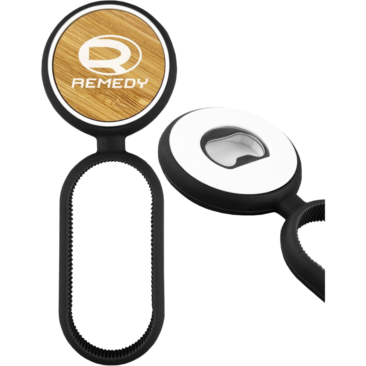 A drink bottle opener featuring a bamboo top and black rubber grip, with branding on the bamboo section.
