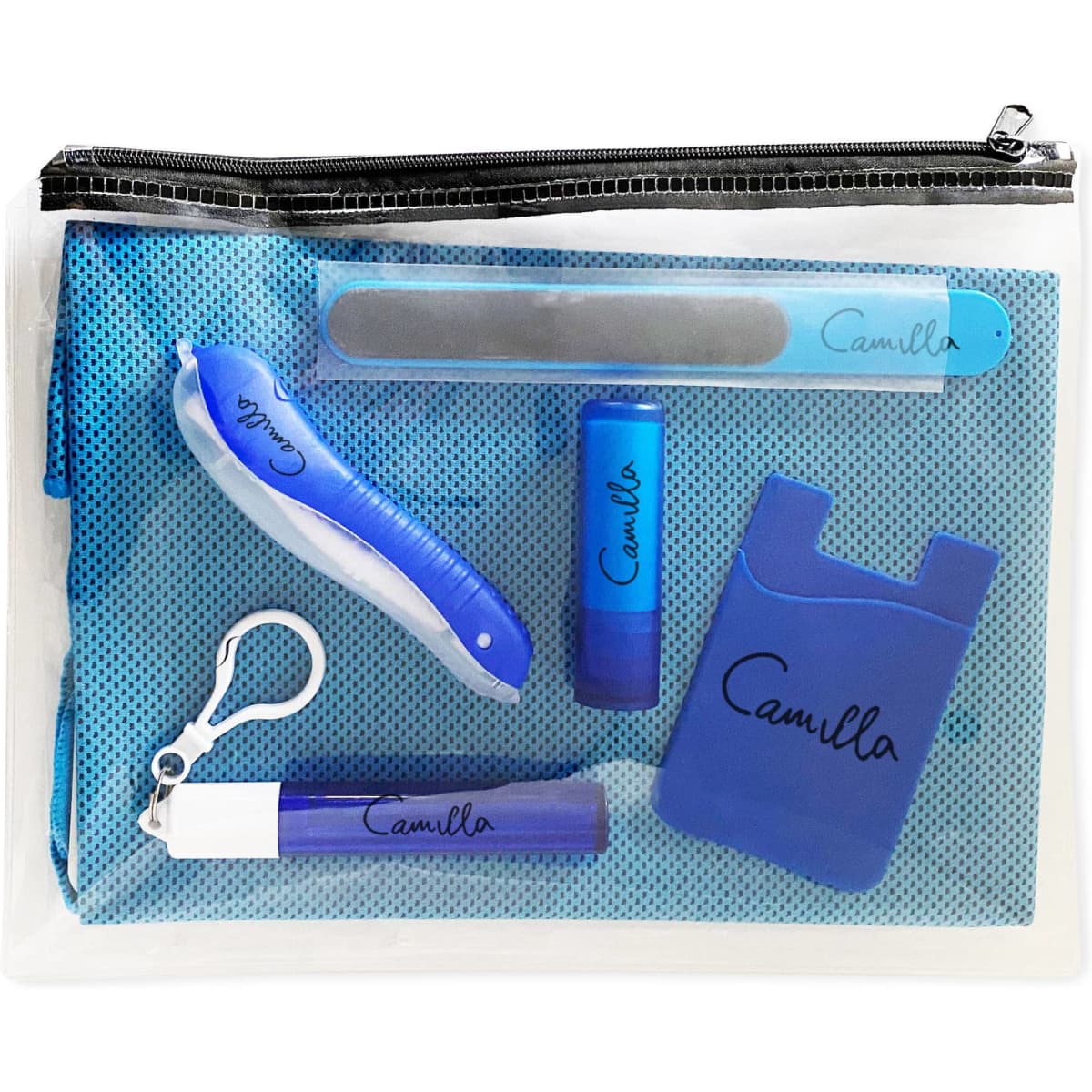 A transparent pouch containing various blue personal care items, including a nail file, bottle, and a small tool with a logo.