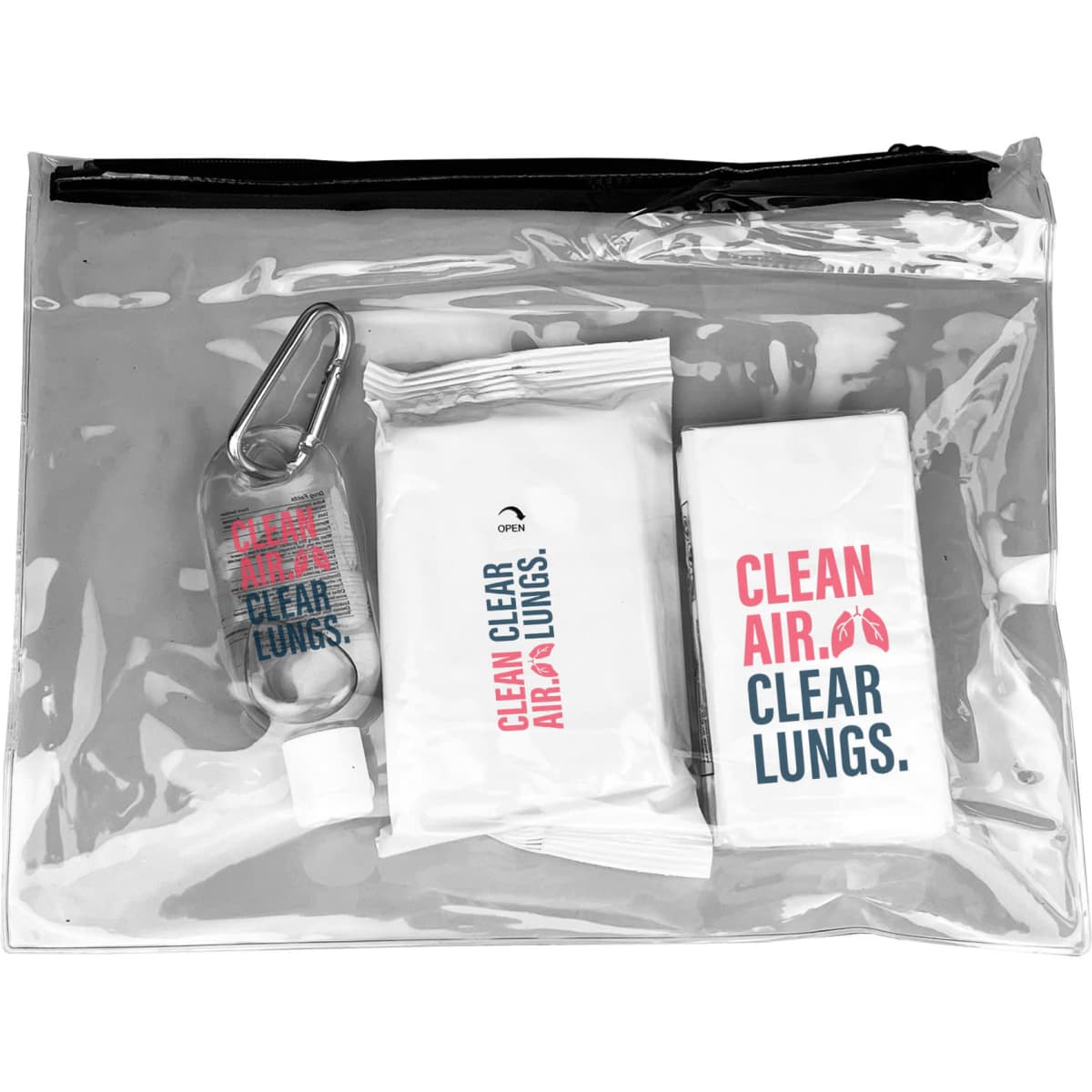 A transparent pouch containing a hand sanitiser, wipes, and a small pouch, featuring various colours and a logo.