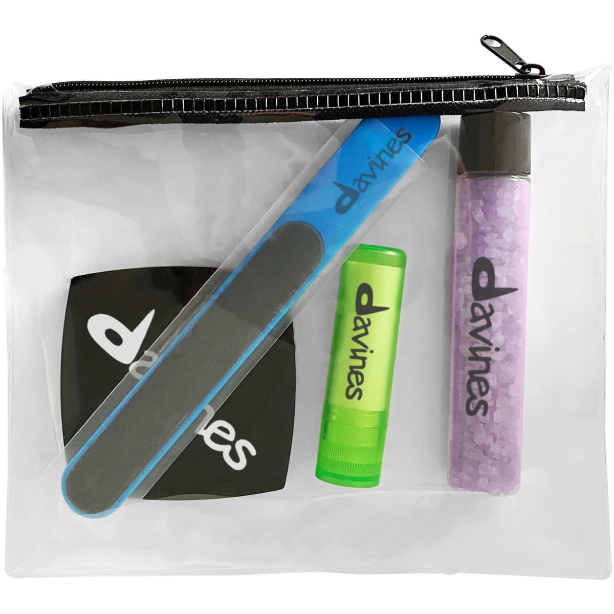 A clear zippered pouch containing a nail file, lip balm, and a tube of bath salts, featuring branding throughout.