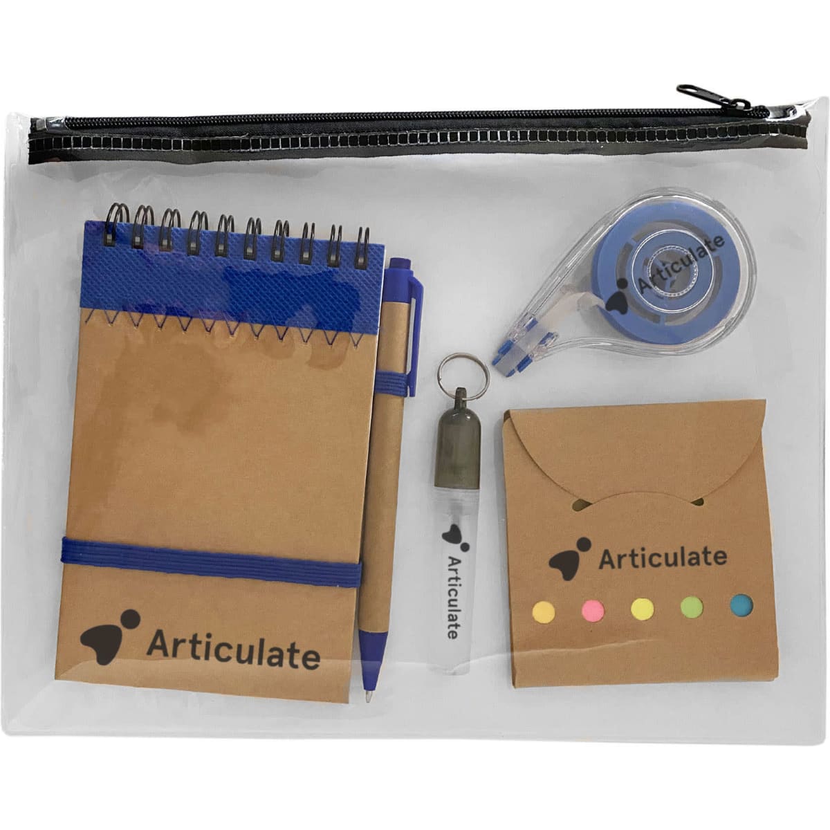 A clear pouch containing a notepad, pen, tape measure, and sticky notes in various colours. The pouch has a logo.