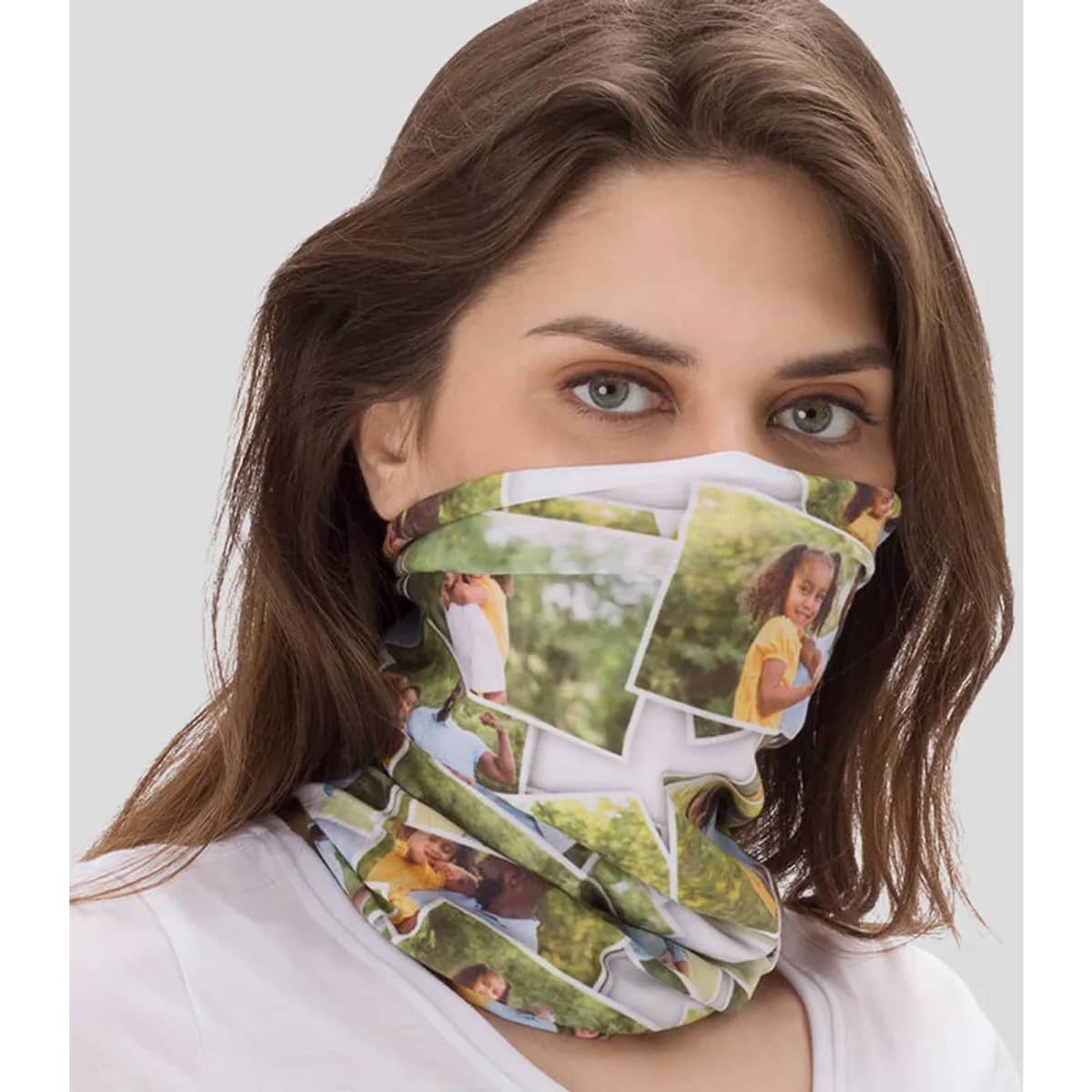 A tubular bandana featuring a multi-coloured design with various photos printed on a soft fabric.