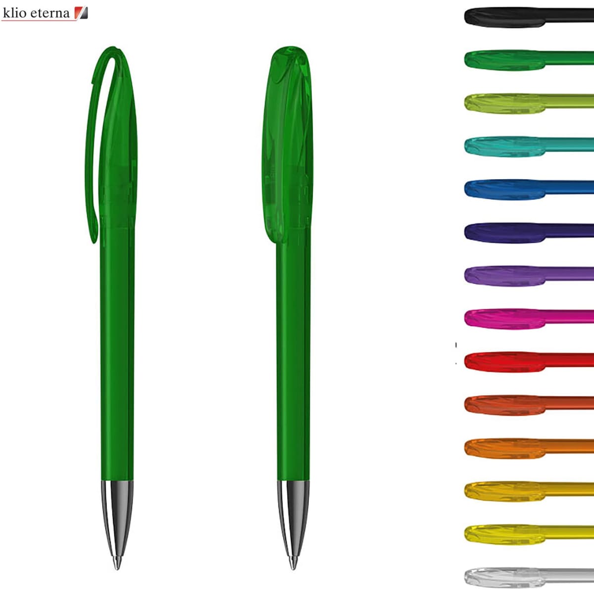 A collection of plastic pens in various colours, including green, purple, pink, and blue, featuring transparent bodies and silver tips.